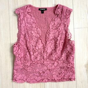 Express Light Pink Lace Slightly Cropped Shirt Size Medium With V Neck